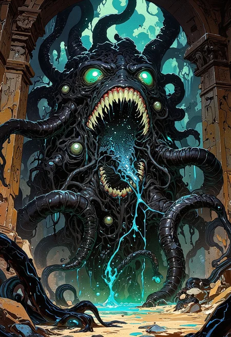 In the suffocating depths of an ancient tomb, a Lovecraftian monstrosity unfurls, its amorphous body a churning mass of black ichor and undulating tendrils. Its many eyes—impossibly placed and glowing with a sickly green light—open and close across its shifting form, each gaze piercing the darkness with alien malice. A maw stretches unnaturally wide, ringed with spiraling rows of translucent, needle-like teeth that shimmer faintly as it emits an otherworldly hum.

From its writhing body, slick tendrils tipped with barbed, chitinous ends lash violently, carving deep gashes into the ancient stone. Glowing blue veins pulse erratically across its gelatinous mass, leaking faint streams of phosphorescent light that pool on the trembling floor. The tomb itself shudders as the creature's form grows and twists, defying logic, consuming the space in a chaotic storm of writhing limbs and glowing, pulsating fissures. The faint, flickering runes on the walls are drowned in its alien glow, as if the very structure of the tomb surrenders to its incomprehensible presence.