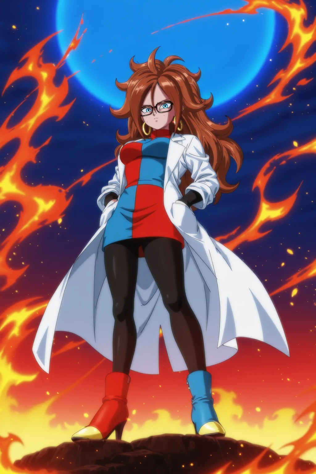anime screencap, absurdres, high quality,
android 21, human, 1girl, solo, long hair, breasts, looking at viewer, blue eyes, brown hair, embers, medium breasts, closed mouth, standing, full body, pantyhose, red hue, glasses, flames, black pantyhose, red footwear, black-framed eyewear, hoop earrings, hands in pockets, labcoat, checkered clothes, asymmetrical footwear, mismatched footwear, checkered dress, red and blue checkered dress, red and blue high heel boots, standing on rock, night sky, glowing sky, dappled moonlight, from from below,
<lora:Android_21_IL:0.8>