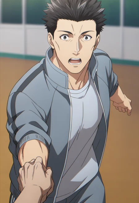 2boys, solo_focus, ooiwa_Iseleve, black eyes, black hair, spiked hair, light blue sport jacket, ((open jacket)), long sleeves, white undershirt, score_8_up, score_7_up, score_6_up, score_9, manly, muscle, old man, a muscular man in a indoor basketball court, ((indoor)) , centered, looking at viewer, face_focus, (detailed eyes), 8k uhd, high quality, anime color, cinematic angle, twilight, front view, surprised, golden_hour_lighting, running, bend overoutstretched arm, open hand
