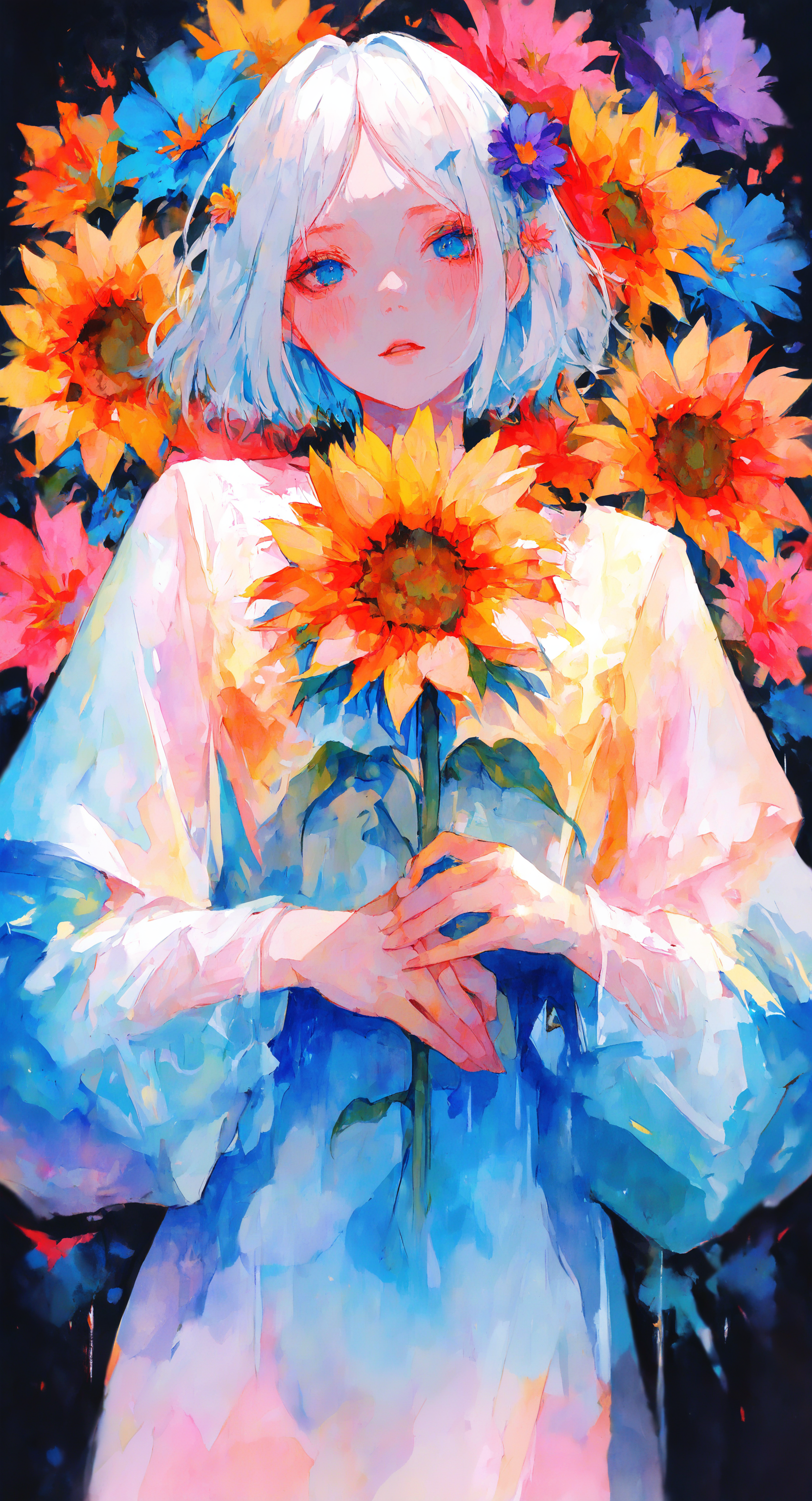 masterpiece, best quality, good quality, very aesthetic, absurdres, newest, 1girl, solo, looking_at_viewer, blush, short_hair, blue_eyes, long_sleeves, hair_ornament, dress, white_hair, flower, cowboy_shot, parted_lips, hair_flower, parted_bangs, see-through, short_dress, own_hands_together, red_flower, pink_flower, blue_flower, yellow_flower, purple_flower, sunflower, see-through_sleeves, orange_flower, colorful, daisy,holding, Watercolor <lora:ponyv5_noobV065S_1_adamW-000013:0.7> <lora:USNR_STYLE_XL_lokr:0.45> <lora:ILwatercolor:0.5> <lora:96YOTTEA-WAI:0.8>