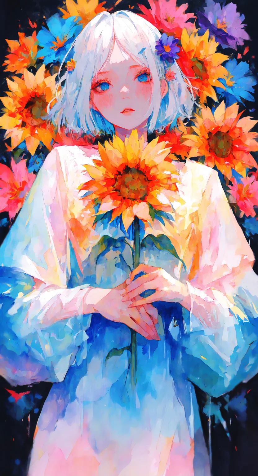 masterpiece, best quality, good quality, very aesthetic, absurdres, newest, 1girl, solo, looking_at_viewer, blush, short_hair, blue_eyes, long_sleeves, hair_ornament, dress, white_hair, flower, cowboy_shot, parted_lips, hair_flower, parted_bangs, see-through, short_dress, own_hands_together, red_flower, pink_flower, blue_flower, yellow_flower, purple_flower, sunflower, see-through_sleeves, orange_flower, colorful, daisy,holding, Watercolor <lora:ponyv5_noobV065S_1_adamW-000013:0.7> <lora:USNR_STYLE_XL_lokr:0.45> <lora:ILwatercolor:0.5> <lora:96YOTTEA-WAI:0.8>