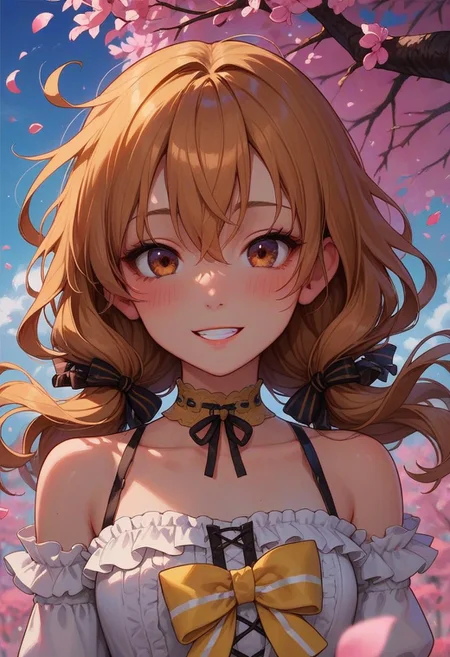 score_9_up, score_8_up, score_7_up, score_6_up, 1girl, 25 years old, perfect face, cute, petite,
three quarter view, detailed face, portrait, face focus, depth of field, looking at viewer, blush, shy smile, close up,
brown eyes,
yellow hair, long hair, low twintails, wavy hair, sidelocks, floating hair, hair between eyes, hair ribbon, black ribbon,
bow choker, yellow choker,
cross-laced clothes, striped clothes,
bare shoulders, frilled sleeves, frills, off-shoulder shirt,
(((white shirt))), frilled shirt, puffy sleeves, yellow bow, striped bow, yellow bowtie,
floating clothes,
day, blue sky, cherry blossoms, falling petals, outdoors, spring (season), wind,