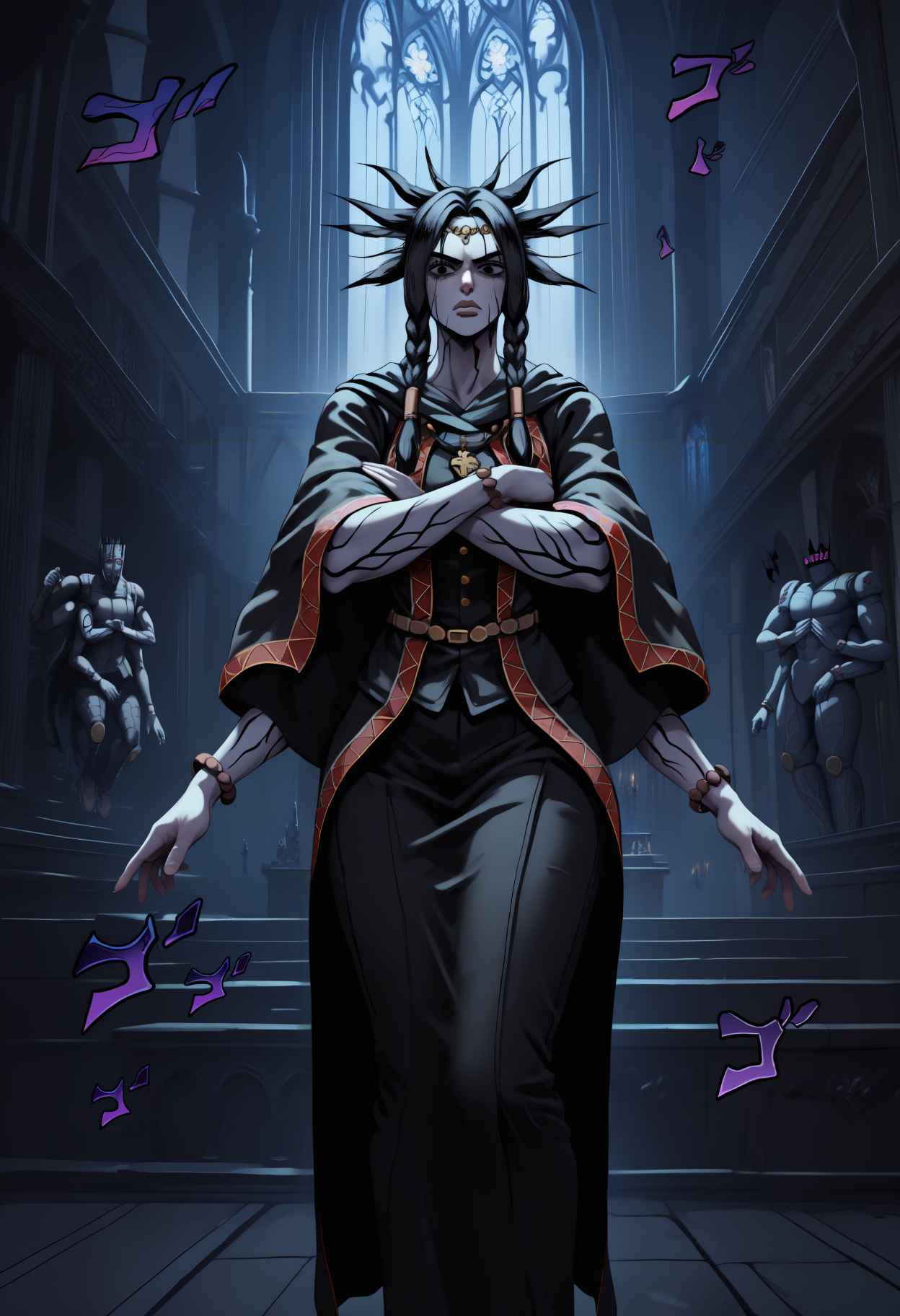masterpiece, best quality, newest, hdr, dark, night, indoors, church, altar, 1girl, floating,
fi0d1, circlet, necklace, black robe, red trim, wide sleeves, long sleeves, black cloak, bracelet, long hair, black hair, twin braids, spiked hair, hair tubes, black eyes, tattoo, facial tattoo, colored skin, grey skin, extra arms, 
stand \(jojo\), jojo pose, menacing \(jojo\), crossed arms, serious, 
<lora:Fool's Idol:1>