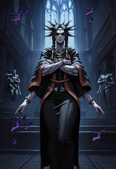 masterpiece, best quality, newest, hdr, dark, night, indoors, church, altar, 1girl, floating,
fi0d1, circlet, necklace, black robe, red trim, wide sleeves, long sleeves, black cloak, bracelet, long hair, black hair, twin braids, spiked hair, hair tubes, black eyes, tattoo, facial tattoo, colored skin, grey skin, extra arms,
stand \(jojo\), jojo pose, menacing \(jojo\), crossed arms, serious,
<lora:Fool's Idol:1>