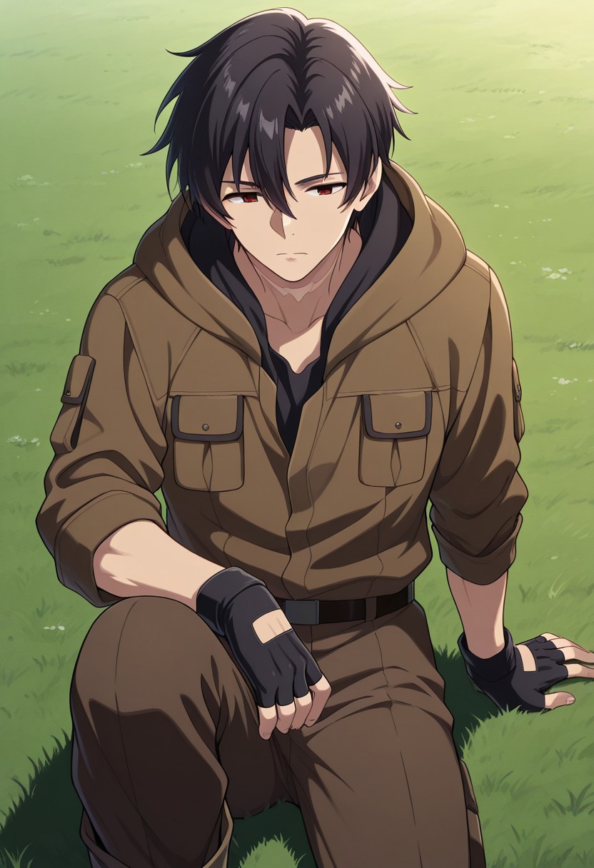 masterpiece,best quality,amazing quality, source_anime, 
ShineiNouzen, 1boy, male focus, solo, red eyes, black hair,  shirt, black shirt, jacket, brown jacket, hood, gloves, black gloves, fingerless gloves, pants, brown pants, scar on neck, outdoor, sitting, on grass, knee up.