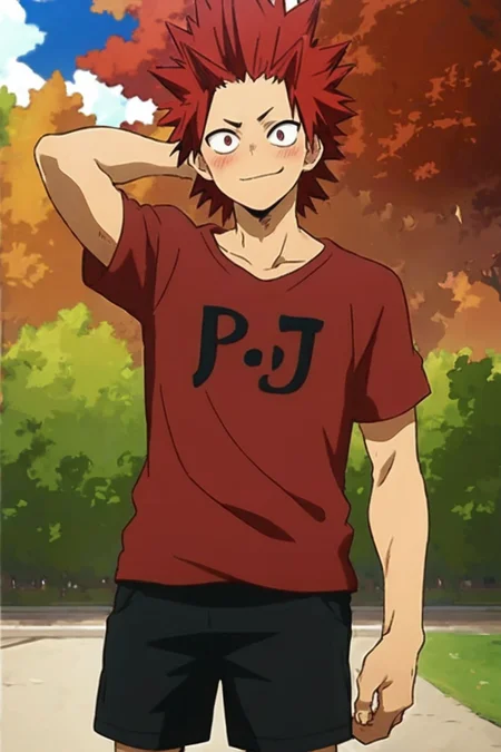 score_9, score_8_up, score_7_up,  1boy, solo, <lora:Kiri:0.8>, Kiri, red hair, spiked hair, red eyes, smirk, looking at viewer, standing, red shirt, shorts, park, daytime, sky, sun, hand behind head, blush, official art, official style,