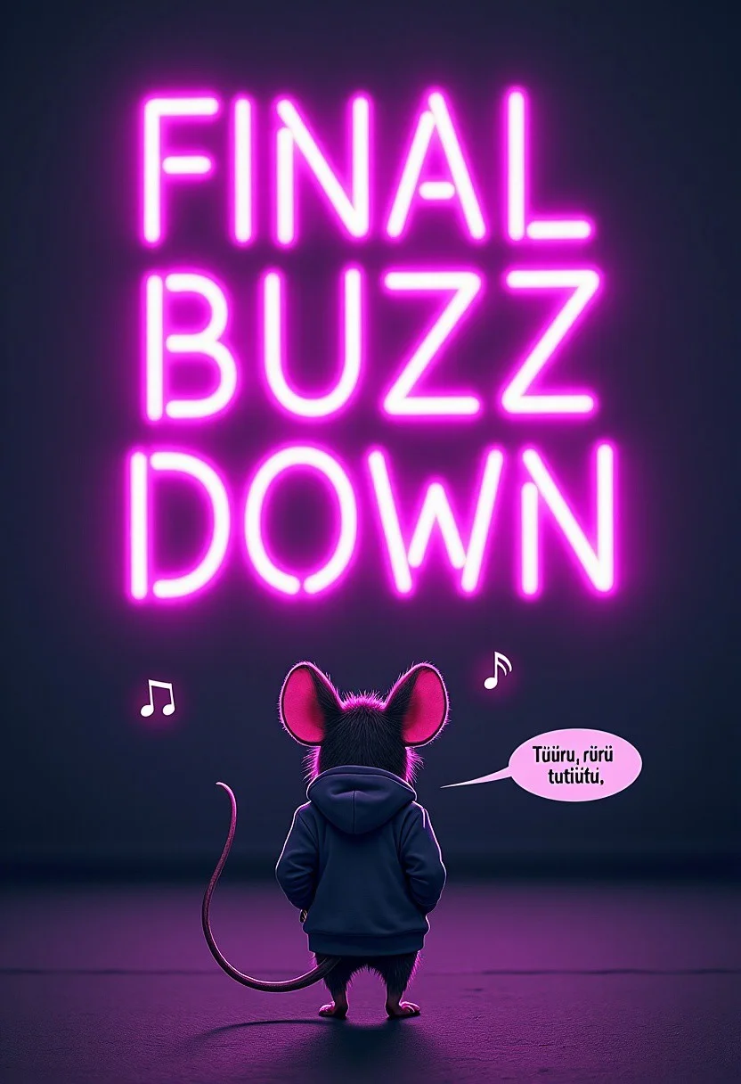 A massive purple neon sign reads "FINAL BUZZDOWN" in bold letters, glowing intensely. Below, a hoodie-wearing mouse walks casually with hands in its pockets, whistling. Two small musical notes float near its head. A speech bubble next to the mouse says: "Tütürü rürü tütütü." The scene is playful yet surreal, with an urban nighttime vibe.