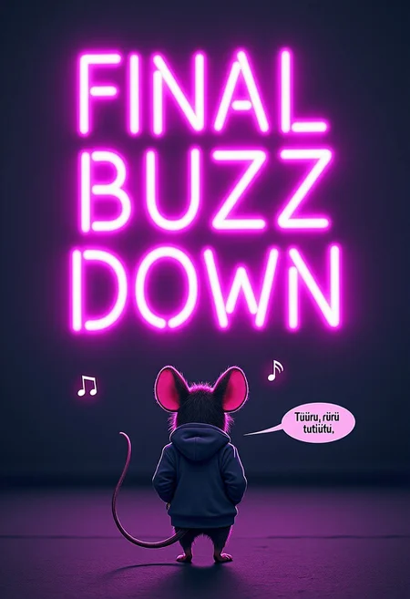 A massive purple neon sign reads "FINAL BUZZDOWN" in bold letters, glowing intensely. Below, a hoodie-wearing mouse walks casually with hands in its pockets, whistling. Two small musical notes float near its head. A speech bubble next to the mouse says: "Tütürü rürü tütütü." The scene is playful yet surreal, with an urban nighttime vibe.