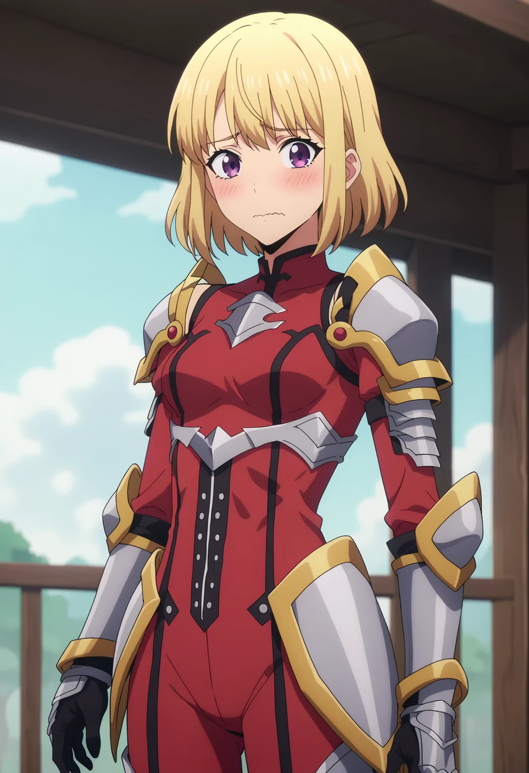 score_9, score_8_up, score_7_up, source_anime,
BREAK
1girl, solo, anime screencap, anime coloring,
<lora:shiHaeV1:0.8>, haenime, blonde hair, short hair, purple eyes,
shoulder armor, gloves, armor, bodysuit, gauntlets, pauldrons, armored boots, red shirt, red pants,
looking at viewer, blush, shy, wavy mouth,