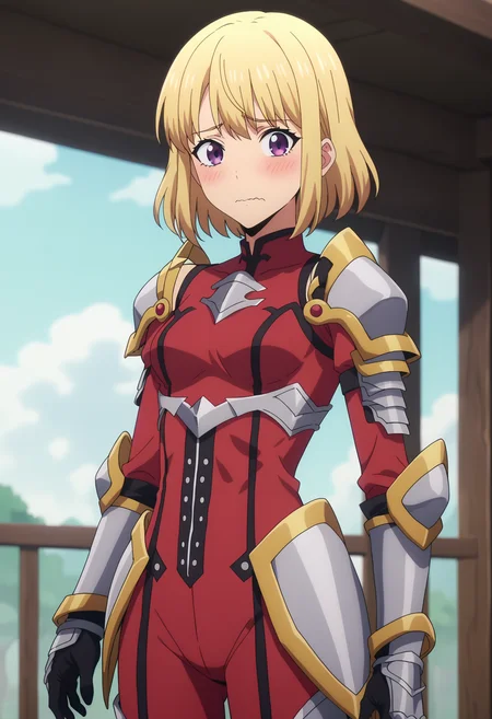 score_9, score_8_up, score_7_up, source_anime,
BREAK
1girl, solo, anime screencap, anime coloring,
<lora:shiHaeV1:0.8>, haenime, blonde hair, short hair, purple eyes,
shoulder armor, gloves, armor, bodysuit, gauntlets, pauldrons, armored boots, red shirt, red pants,
looking at viewer, blush, shy, wavy mouth,
