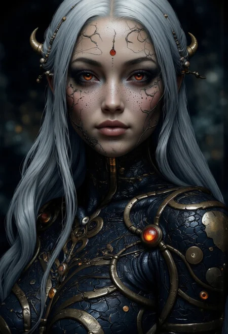 An extreme closeup portrait for an enigmatic and otherworldly woman with intricately textured metallic skin, their face and body adorned with elaborate biomechanical patterns that ripple like living armor. The figure's piercing crimson eyes glow with an intense, otherworldly energy, contrasting sharply with the cool, dark tones of their neck and face. Long, silver-white hair cascades down their back, enhancing their ethereal and alien appearance. The dimly lit, shadowy background emphasizes their enigmatic presence, evoking a sense of mystery and power.