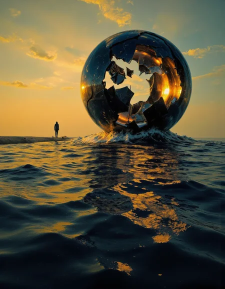 A digital CGI artwork depicting a surreal, post-apocalyptic scene at sunset. The image features a vast, ocean-like expanse with rippling waves in shades of dark blue and silver, reflecting the warm, golden hues of the setting sun. In the distance, a solitary figure stands on the shore, silhouetted against the glowing horizon. The figure is dressed in a dark, form-fitting suit, with a hood and gloves, suggesting a futuristic or dystopian setting.
Dominating the foreground is a massive, fractured, glass-like sphere that appears to be floating above the water. The sphere is cracked and broken, with pieces falling apart and scattering into the water. The fragments of the sphere emit a bright, almost molten light, creating a stark contrast with the dark, reflective surface of the ocean. The sky is a gradient of warm orange and yellow, fading into a lighter blue as it reaches the horizon. The entire scene is bathed in a soft, hazy light, giving it a dreamlike quality. The textures of the water and the broken sphere are detailed, with a sense of realism enhanced by the use of high-resolution digital techniques. <lora:landscape:1>