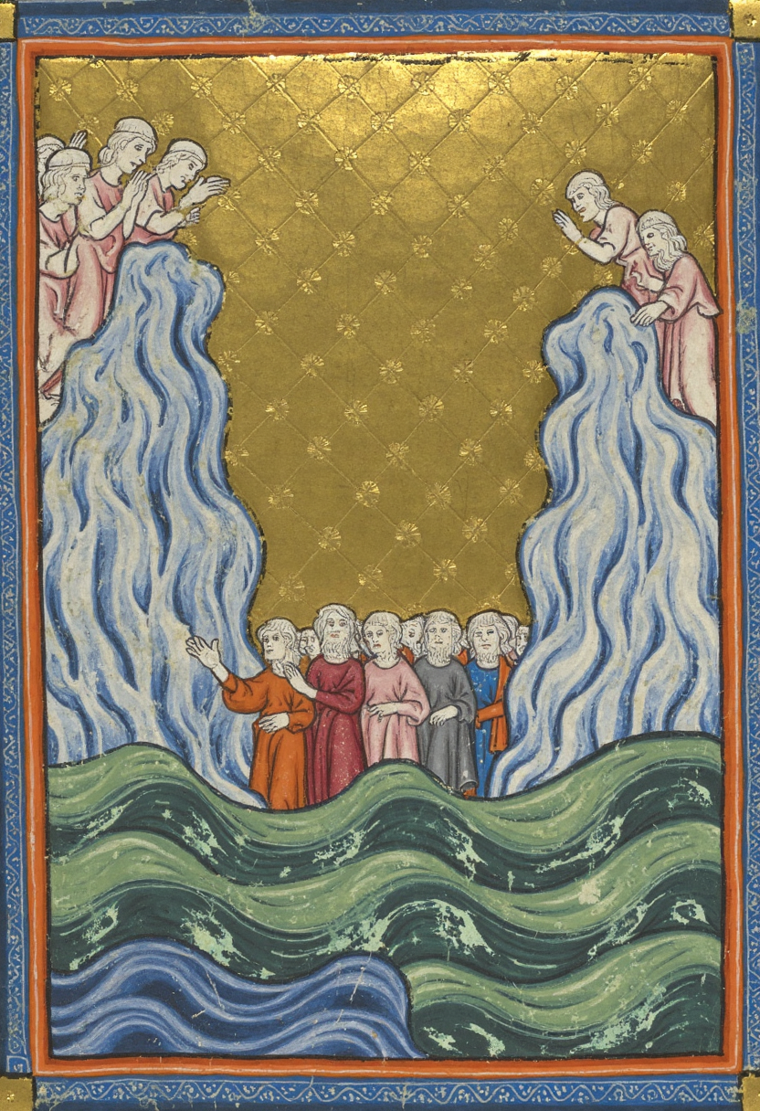 An illuminated manuscript illustration of Moses parting the Red Sea, with towering walls of water on either side, surging upward in a magnificent display of divine power. The Israelites, dressed in flowing robes, march through the parted sea with expressions of awe, while intricate patterns of fish and sea creatures swim within the translucent waves. Above, golden rays of light descend from the heavens, casting a sacred glow over the entire scene. The background is filled with delicate floral and geometric designs, framing the miraculous event. Tiny angels and celestial beings are woven into the borders, watching over the scene from the sky. The sea is depicted in swirling blues and greens, with shimmering golden accents outlining the waterâs edge, creating a sense of movement and majesty. The composition balances human figures with divine forces, filled with intricate detail and holy symbolism, golden haggadah style