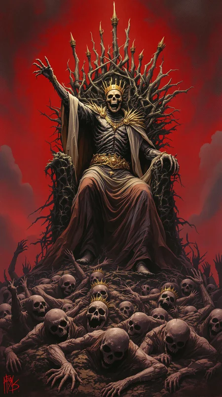 A hauntingly beautiful and grotesque painting depicting a decaying king standing triumphantly atop a battlefield filled with the fallen. His tattered ceremonial robes flutter in the blood-red sky, while his skeletal face, hidden beneath a golden mask, etches a sorrowful yet defiant expression. Behind him, the looming throne of twisted iron and bone, adorned with the crowns of the defeated, adds to the somber atmosphere. The spectral warriors rising from the corpses, bound to his command, create an eerie and powerful scene. The thick, painterly textures give the artwork a visceral quality, reminiscent of Frank Frazetta's fantasy masterpieces with a touch of Goya's nightmarish realism. The palette of deep blacks, tarnished golds, and sickly purples enhances the tragic grandeur of, cinematic, painting