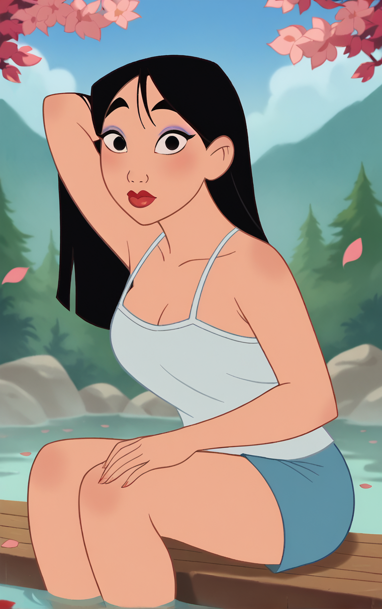 score_9, score_8_up, score_7_up, looking at viewer,  BREAK
TankTop_Fa_Mulan_ownwaifu, 
1girl, black hair, long hair, black eyes, lips, lipstick, wide-eyed, breasts, makeup, thick eyebrows,
camisole, blue shorts, shorts, bare shoulders, white camisole,  sleeveless,
(sitting, soaking feet, arms behind head), onsen, mount fuji, cherry blossoms, falling petals, spring_(season), outdoors,<lora:PONYXL_Fa_Mulan_Movie_ownwaifu:0.7>, depth of field, solo,