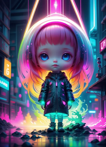 Ombre color scheme of neon blue, neon pink, neon yellow, neon green, neon orange, hyperrealistic art <lora:sss:0.6> cute little Japanese (alien:1.3) anime, neon lights, (foggy night:1.1), stunning (full body shot) anime art by (Mark Ryden:1.1, Camille Vivier:0.88) <lora:Nicoletta_Ceccoli_2:0.4> Nicoletta Ceccoli <lora:another-bored-monsters:0.65> fx-monsters <lora:AnotherBoredDetailXL:0.7>, <lora:70s_Sci-Fi_Art_XL:0.8> <lora:g0th1cXL:0.8> g0th1cxl, glowing, neon . extremely high-resolution details, photographic, realism pushed to extreme, fine texture, incredibly lifelike, subsurface scattering, Photorealistic, Hyperrealistic, analog style, realistic, film photography, soft lighting, heavy shadow