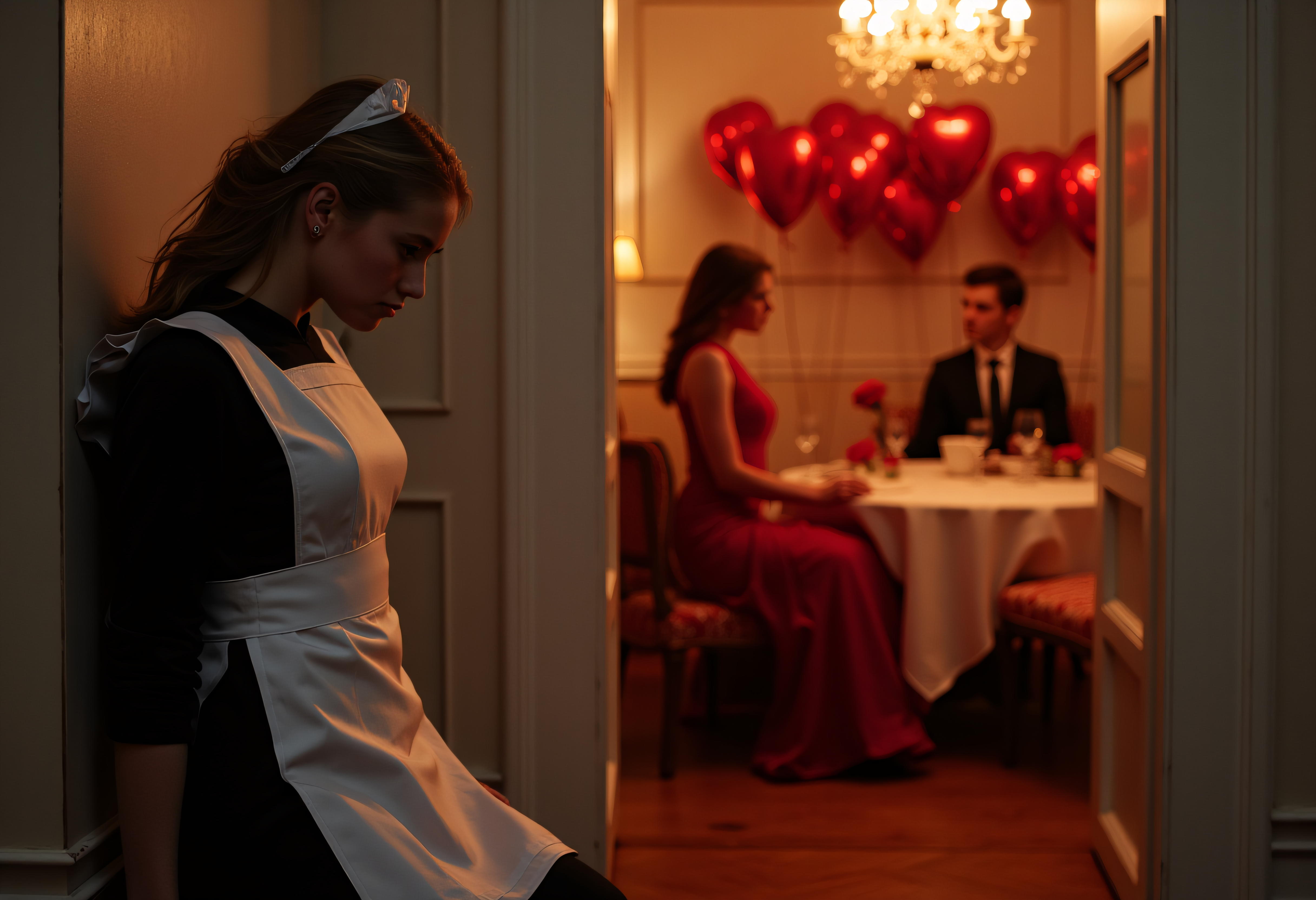 highly detailed , best, masterpiece, professional photography, realistic ,vintage, low saturation photo, scratches and noise,
PeytonSL is standing outside of a doorway. she is the focus of this image, demonstrating sad loneliness as she works on the holiday for the couple in the next room.she wears a maid uniform and is sad and lonely. she leans against the wall despondently, body turned towards the viewer. an open door way is positioned to the side of her.beyond the door we can see a young man and woman inside of an elegant wealthy dining room, the woman is wearing a beautiful red dress. she sits at the dinner table having dinner with a man. the dining room is full of roses and red heart balloons. this couple is in the background of the image but the focus is on the lonely maid. the image conveys a sense of loneliness on Valentine's day, of being apart and separated from the lively scene while bound to it as the household servant who doesn't even get a day off. the viewer should sympathize with and ache for the maid's plight.