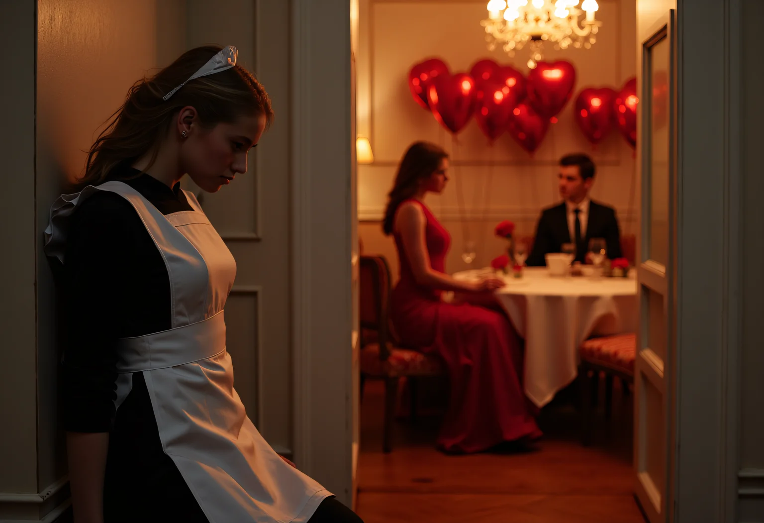 highly detailed , best, masterpiece, professional photography, realistic ,vintage, low saturation photo, scratches and noise,
PeytonSL is standing outside of a doorway. she is the focus of this image, demonstrating sad loneliness as she works on the holiday for the couple in the next room.she wears a maid uniform and is sad and lonely. she leans against the wall despondently, body turned towards the viewer. an open door way is positioned to the side of her.beyond the door we can see a young man and woman inside of an elegant wealthy dining room, the woman is wearing a beautiful red dress. she sits at the dinner table having dinner with a man. the dining room is full of roses and red heart balloons. this couple is in the background of the image but the focus is on the lonely maid. the image conveys a sense of loneliness on Valentine's day, of being apart and separated from the lively scene while bound to it as the household servant who doesn't even get a day off. the viewer should sympathize with and ache for the maid's plight.