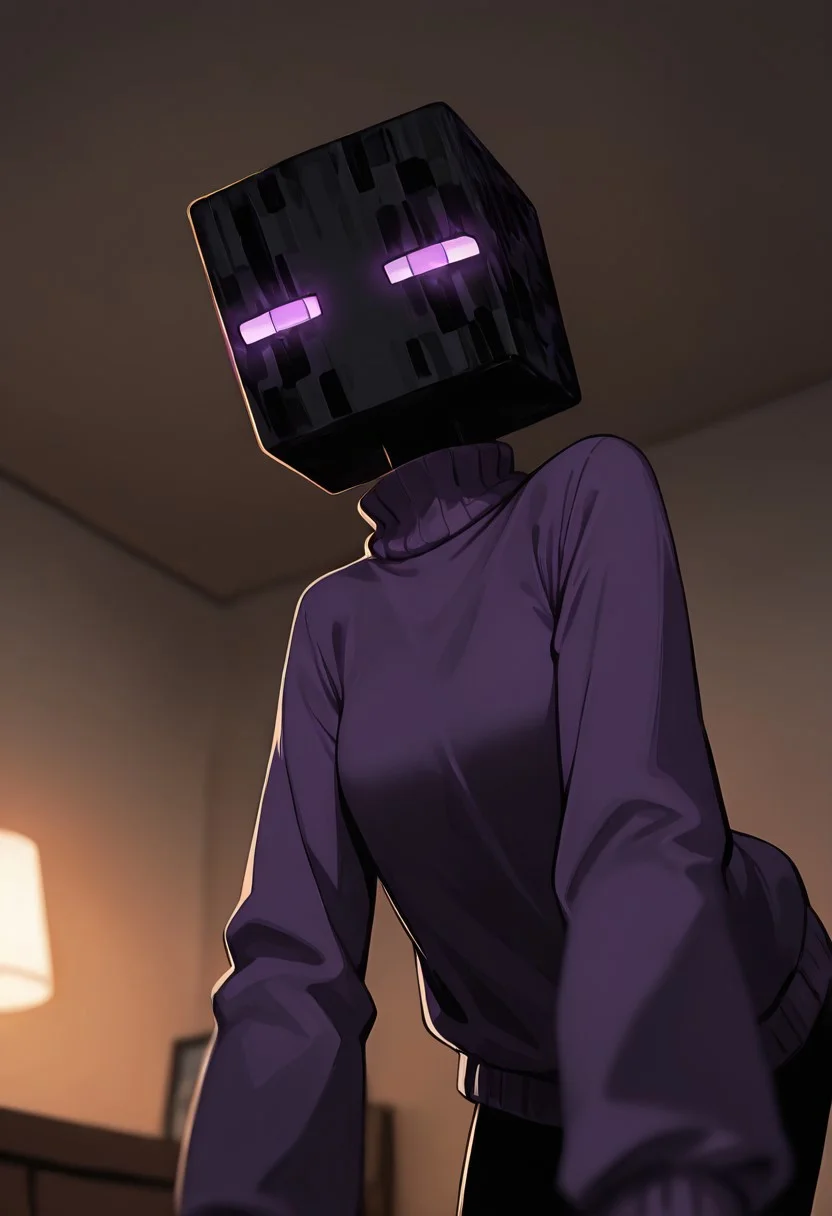 masterpiece, best quality, amazing quality, very aesthetic, absurdres, newest, , detailed background,
movie scene, cinematic scene, cinematic, foreground blur, depth of field,
klskx
enderman, no humans, purple eyes, rectangle eyes, , solo, black skin, no mouth, square head, square body, black head , pokemon (creature),
wearing jumper, purple jumper, living room, leaning forward, from below, dark room, glowing eyes, turtle neck, long sleeves,