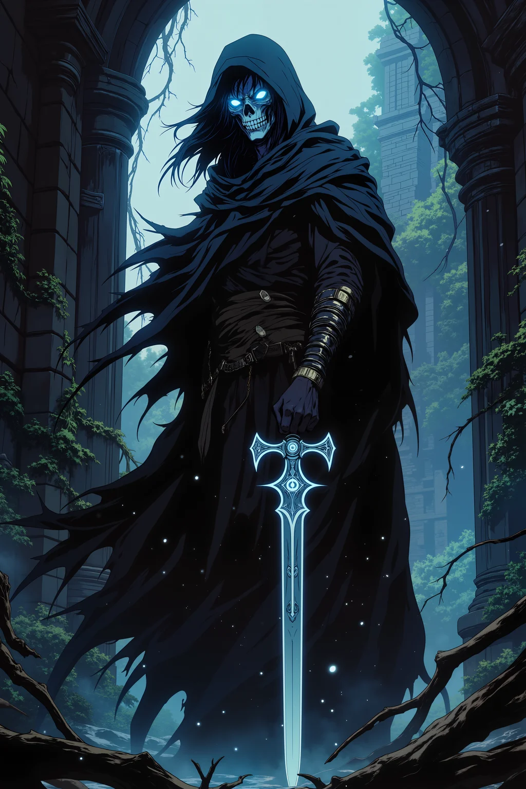 ne0nfant4sy, A spectral assassin, his ghostly form flickering like a shadow in the dim light of a crumbling castle. His translucent, ash-gray skin shimmers with an ethereal glow, and his piercing, ice-blue eyes gleam with the coldness of the grave. His black hair flows like mist, blending into the tattered, hooded cloak that billows around his body, weightless and shifting as though moved by an unseen wind. In his hand, he grips a gleaming dagger, its blade inscribed with ancient symbols that faintly pulse with dark magic. Behind him, the stone walls of the ancient fortress are cracked and overgrown with twisting vines, while the ghostly remains of the battlefield stretch into the fog beyond. Wisps of spectral energy swirl around his form, blending him into the shadows of the dark hall. His expression is one of cold detachment, his thin lips set in a grim line as he stands ready to strike with lethal precision. The air is heavy with silence, broken only by the faint whisper of spirits lingering in the ruins around him.<lora:RetroAnimeFluxV1:0.5><lora:NeonFantasyFLUX:0.3>
