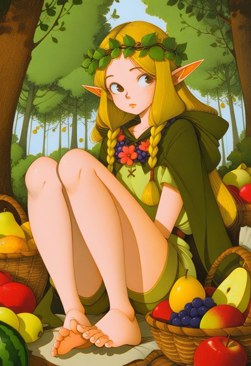 masterpiece, best_quality, very_aesthetic, absurdres, 
upper_body, portrait, 1girl, solo, vanillaware, 
basket, food, fruit, grapes, apple, pear, orange_\(fruit\), lemon, watermelon, tree, nature, outdoors, animal, chipmunk, forest, sunlight, day, leaf, elf, brown_eyes, long_hair, blonde_hair, side_braids, bangs, pointy_ears, lips, closed_mouth, flower_wreath, head_wreath, flower_necklace, lei, green_tunic, hooded_cape, hood_down, shorts, barefoot, feet, legs, bare_legs, thighs, toes, toenails, sitting, 
fr-pi-il