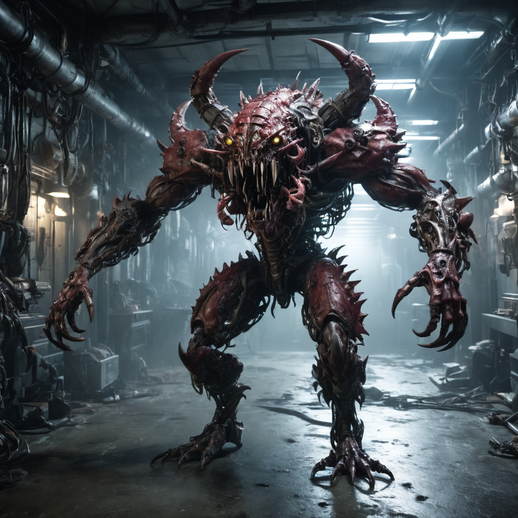 a cybermutant flesh beast eyebomination man-crab,biomechanical eldritch abomination,weapon of mass destruction,raw photo,8k,realistic,cinematic shot,<lora:FleshMonstrosityXLV2:0.5>