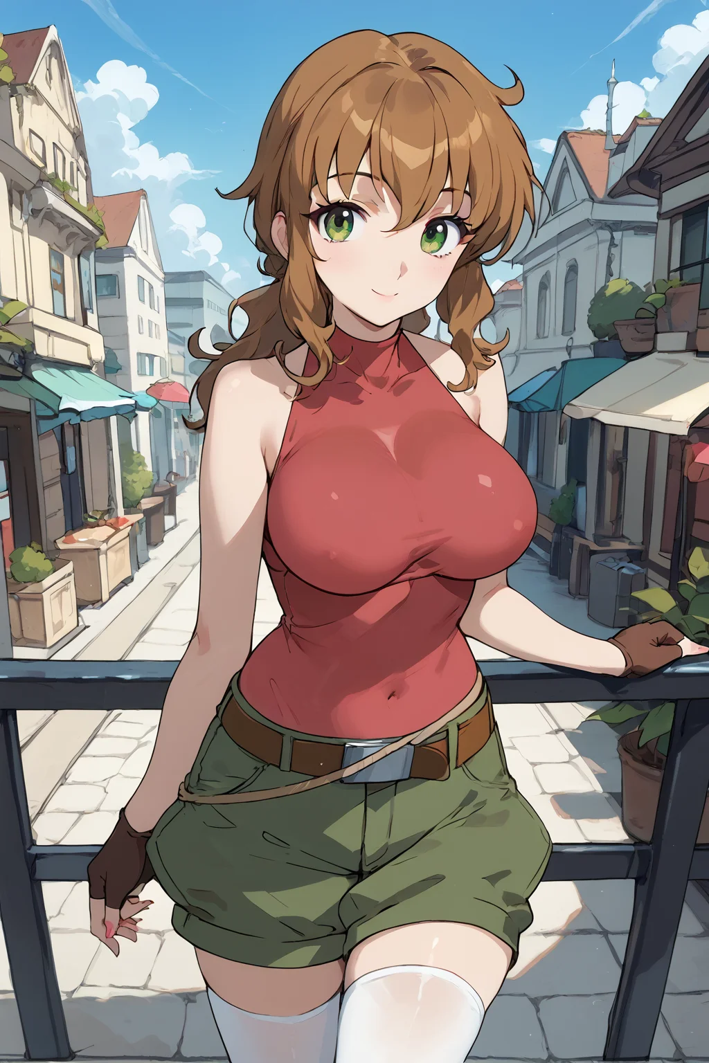 score_9, score_8_up, score_7_up,, score_ANIME, christinasierra, 1girl, solo, fingerless gloves, brown hair, ,green eyes,, green shorts, sidelocks, large breasts, belt, , long hair, white thighhighs,ponytail, sleeveless turtleneck, cowboy shot, red leotard, , looking at viewer <lora:christina_sierra_pony:1>, light smile, city