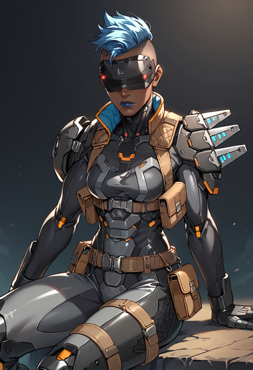 score_9,score_8_up,score_7_up,score_6_up,dark background,outt3ch,black bodysuit,science fiction,blue hair,mohawk,belt pouch,armor,dark-skinned female,no eyes,hidden eyes,shoulder spikes,visor,blue lips,black gloves,cyborg,mechanical legs,medium breasts,boots,sitting,       <lora:MyTrainings\Temp\Mad_Maggie_Outlawed_Tech_XL_Pony_ARZUMATA-000009.safetensors:0.7>