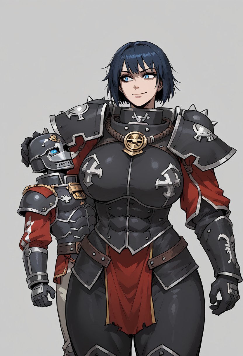 <lora:Nia-PonyXL-1024px:0.9>
score_5_up, score_6_up,
1girl, giantess tall female, muscular female, huge breasts, black short hair, punk haircut, blue eyes, battle sister armor, hand on another's head, smirking, 1boy, size difference
