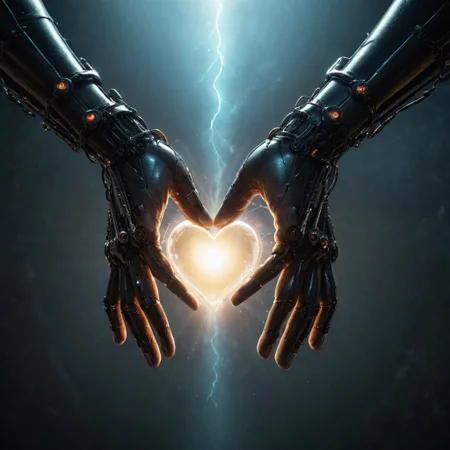 Create a vivid description for an image capturing two cyborg hands reaching from above, taking the glowing heart from the opponent below. The heart's rays cause the surrounding blood to bubble and foam, creating a mesmerizing scene of celestial interaction with the enemy.
a neon-pastel sunset landscape, photorealistic,
