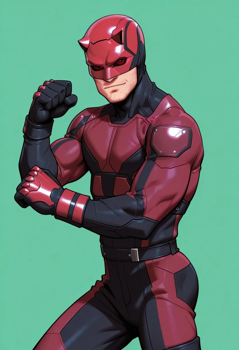 Green background, simple background, solid color background, 2d, 1boy, solo, Marvel, DD, mask, stubble, facial hair, helmet, red eyes, no pupils, red sclera, red bodysuit, black trim, upper body, hands up, fists, fight stance, looking at viewer, side view, cowboy shot, legs, tipeht, toned male,
