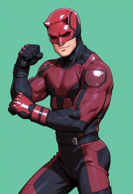 Green background, simple background, solid color background, 2d, 1boy, solo, Marvel, DD, mask, stubble, facial hair, helmet, red eyes, no pupils, red sclera, red bodysuit, black trim, upper body, hands up, fists, fight stance, looking at viewer, side view, cowboy shot, legs, tipeht, toned male,