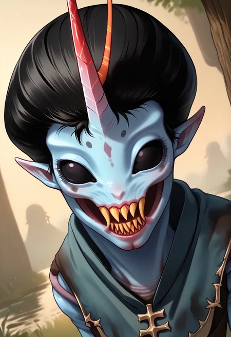 ((Alien humanoid)),
((Alien species)), solo, androgynous, aquatic features
blue skin, ((webbed hands)):1.3,
((No nose)):1.3, ((nostrils only, nostril slits, vertical nasal slits, narrow nostrils)):1.5, ((narrow eyes)), ((black sclera, black irises)), smooth skin, pointy ears, small ears, tiny ears, holes in skin, forehead horn, short horn, veiny horn, ((single horn)):1.0, ((4 fingers)), fingernails, thin lips, ((black hair)), ((short hair, spiky hair)), sharp teeth, digitigrade legs, bent legs,
mid-range shot, upper body focus
ragged clothes, muddy clothes, loincloth, tunic, dirty
Medieval style, fantasy style,
((Variety)):1.2
((dutch angle, 3/4 view))
river background
fully clothed, loose clothing, clean lines, smooth colors, detailed fingers, sfw, source: realistic, rating: pg, score: 8 up, score: 9