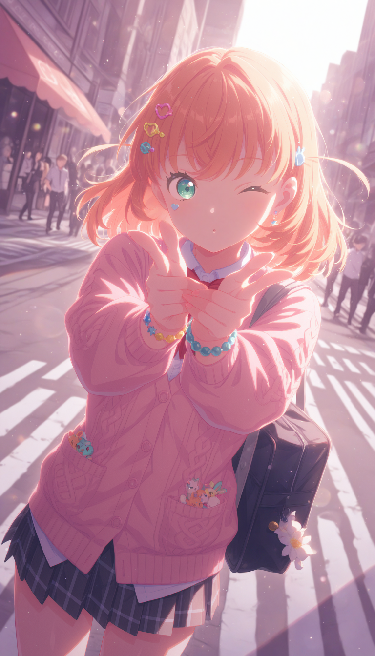 1girl, ,  hinoshita kaho, link! like! love live!, gradient aqua eyes, medium orange hair, crossed bangs, side ahoge, rabbit hair ornaments,
(one eye closed,smile,closed mouth),
BREAK
wearing  (pink cardigan, cable knit, buttons, star earrings, bow, plushie in pocket, heart sticker on cheek, school uniform, bowtie, untucked white shirt, black miniskirt, pleated skirt, plaid skirt), (too many hair ornaments:1.3), bead bracelet, colored fingernails, bag charm, duffel bag,
BREAK
looking at viewer,
sitting on chair,double finger gun,
(outdoors, awning, cityscape, street, crosswalk, cafe, storefront, crowd, sky),
(decora:1.3), (pastel colors:1.2), 
QUALITY
(masterpiece, very aesthetic, absurdres), 
BREAK
at noon, (sunbeam:1.1), (sunlight:1.1), rainbow highlights, bloom, dramatic lighting, (particles:1.2), (blurry background:1.2),  (from front,close-up,portrait), dutch angle, blue shadow, backlighting, dynamic pose, extreme perspective, film grain,
<lora:DynamicPoseIL2att_alpha1.0_rank4_noxattn_900steps:1.5>, <lora:illustrious_quality_modifiers_masterpieces_v1:1>, <lora:Dramatic Lighting SliderIL:3>,<lora:outline_xl_end:-10>, <lora:EnvyZoomSliderXL01:2>, <lora:il_contrast_slider_d1:-0.5>, <lora:colorful_sdxl_v2_lbw:1>, <lora:StS-Illustrious-Detail-Slider-v1.0:1>, <lora:darkness_xl_v20:0.65>