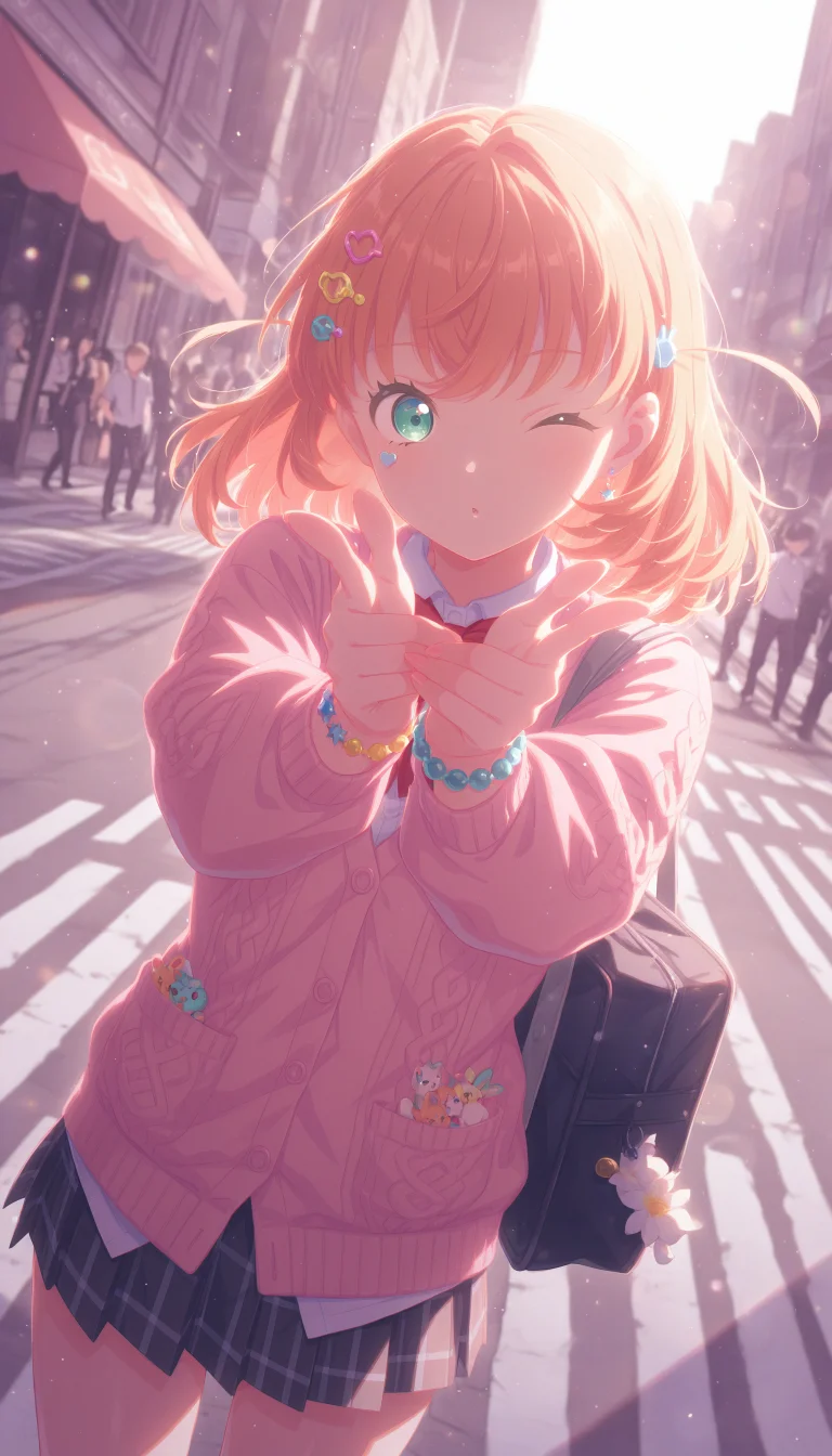 1girl, , hinoshita kaho, link! like! love live!, gradient aqua eyes, medium orange hair, crossed bangs, side ahoge, rabbit hair ornaments,
(one eye closed,smile,closed mouth),
BREAK
wearing (pink cardigan, cable knit, buttons, star earrings, bow, plushie in pocket, heart sticker on cheek, school uniform, bowtie, untucked white shirt, black miniskirt, pleated skirt, plaid skirt), (too many hair ornaments:1.3), bead bracelet, colored fingernails, bag charm, duffel bag,
BREAK
looking at viewer,
sitting on chair,double finger gun,
(outdoors, awning, cityscape, street, crosswalk, cafe, storefront, crowd, sky),
(decora:1.3), (pastel colors:1.2),
QUALITY
(masterpiece, very aesthetic, absurdres),
BREAK
at noon, (sunbeam:1.1), (sunlight:1.1), rainbow highlights, bloom, dramatic lighting, (particles:1.2), (blurry background:1.2), (from front,close-up,portrait), dutch angle, blue shadow, backlighting, dynamic pose, extreme perspective, film grain,
<lora:DynamicPoseIL2att_alpha1.0_rank4_noxattn_900steps:1.5>, <lora:illustrious_quality_modifiers_masterpieces_v1:1>, <lora:Dramatic Lighting SliderIL:3>,<lora:outline_xl_end:-10>, <lora:EnvyZoomSliderXL01:2>, <lora:il_contrast_slider_d1:-0.5>, <lora:colorful_sdxl_v2_lbw:1>, <lora:StS-Illustrious-Detail-Slider-v1.0:1>, <lora:darkness_xl_v20:0.65>