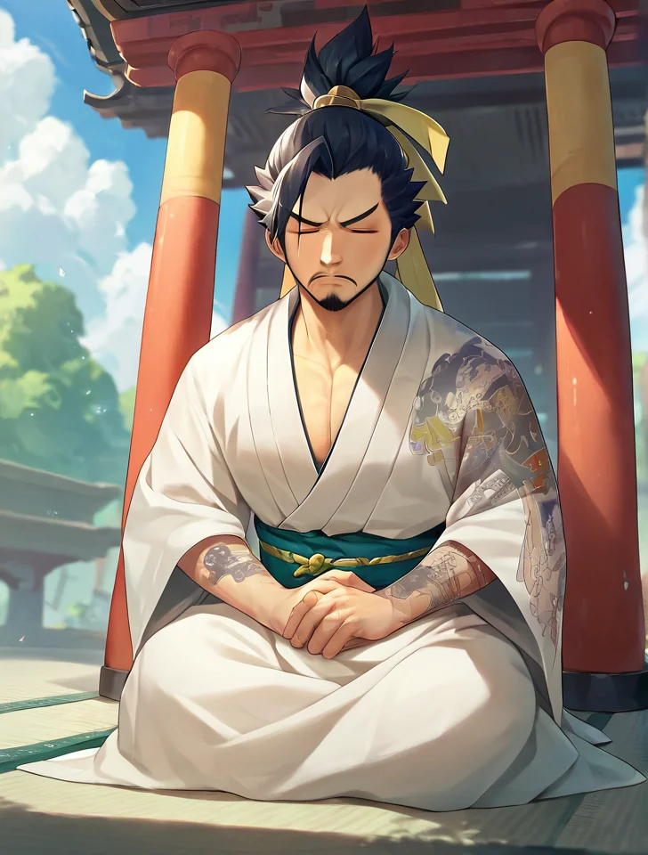 hanzo, 1boy, male focus, solo, japanese clothes, sakura, outdoors, temple, seiza, on knees, eyes closed, meditating, serious BREAK score_9, score_8_up, score_7_up, score_6_up, score_5_up, score_4_up <lora:owmale_12r:1>
