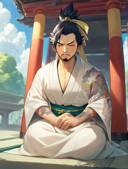 hanzo, 1boy, male focus, solo, japanese clothes, sakura, outdoors, temple, seiza, on knees, eyes closed, meditating, serious BREAK score_9, score_8_up, score_7_up, score_6_up, score_5_up, score_4_up <lora:owmale_12r:1>