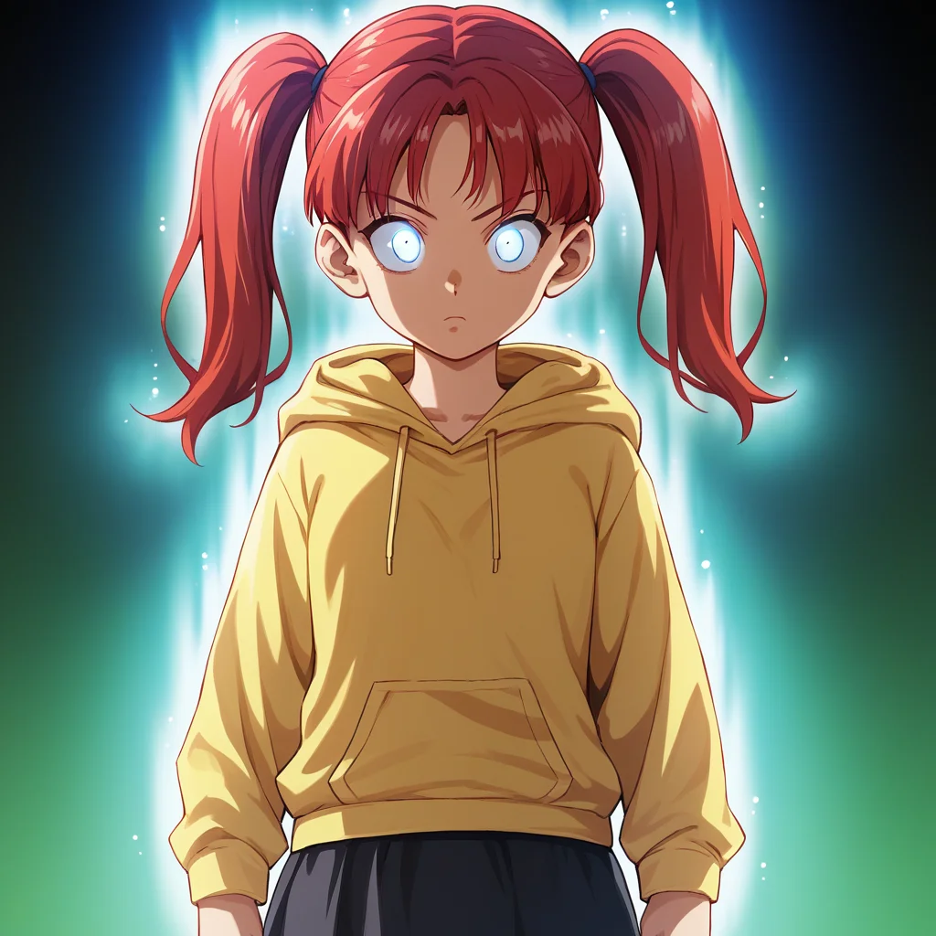 score_9_up, score_8_up, BREAK, UltraInstInctAura, aura, light particles, glowing skin, glowing clothes, 1girl, solo, red hair, twintails, yellow hoodie, black skirt, arms at sides, <lora:UltraInstinctAura_PXL_Leaf2:1>, ,