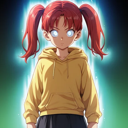 score_9_up, score_8_up, BREAK, UltraInstInctAura, aura, light particles, glowing skin, glowing clothes, 1girl, solo, red hair, twintails, yellow hoodie, black skirt, arms at sides, <lora:UltraInstinctAura_PXL_Leaf2:1>, ,