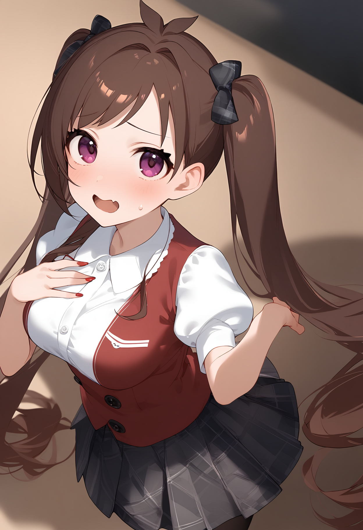 1girl,
tsujino akari,


blush, from above, depth of field, short sleeves, solo, shirt, looking up, purple eyes, black skirt, sweatdrop, alternate hairstyle, foreshortening, plaid, very long hair, medium breasts, hair intakes, embarrassed, looking at viewer, black pantyhose, pantyhose, fanged bangs, puffy short sleeves, blurry, pleated skirt, two-tone shirt, hand on own chest, skirt, puffy sleeves, long hair, alternate costume, twintails, virtual youtuber, plaid skirt, breasts, red shirt, white shirt, brown hair, red nails,

sfw
<lora:a31_char_new_tsujino_akari-000024:1> <lora:a31_style_koni-000010:0.8>