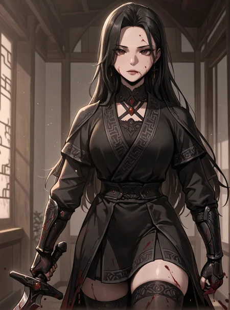 HDR,masterpiece, absurdres, newest, highres, very aesthetic, detailed eyes, fit body, godrays, ambient occlusion, soft lighting, highest quality, (volumetric lighiting:1.1), realistic skin, low lighting, trending on artstation, gothic,
adult, LGSPX, (anime screencap:1.3), anime screencap, Gu Huibi, black hair, long hair, dark red eyes, mature female,
BREAK
1girl, black dress, blood, blood on face, blood splatter, breasts, dress, gauntlets, holding, jewelry, long sleeves, kimono, parted bangs, solo, sword, thick thighs, thighhighs, thighs, weapon
<lora:princess_xl_v2:0.6> <lora:add-detail-xl:0.25> <lora:30_LOL:0.6> <lora:g0th1cPXL:0.4> <lora:Gu_Huibi-000091:0.7>