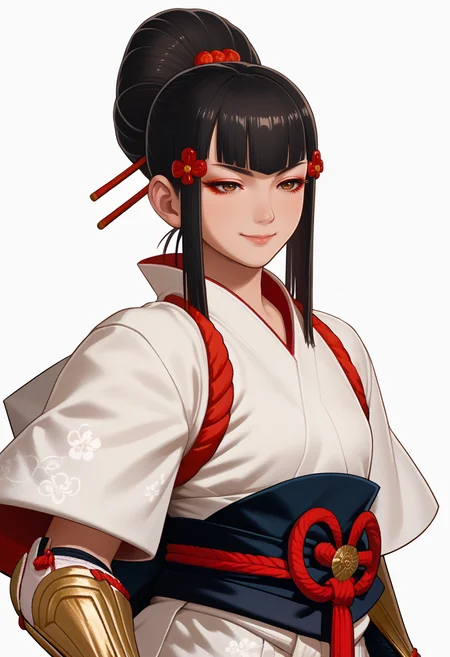 score_9, score_8_up, score_7_up, source_anime, 1girl, solo, smile, eyes half closed
<lora:zs_FEWarriorsPortraitsXL:1> fewarriorsportraits, portrait, white background
<lora:TekkenKazumi:1> TKNKZMI, black hair, blunt bangs, red eyeshadow, sidelocks, hair ornament, hair bun, white kimono, arm guards, tabi