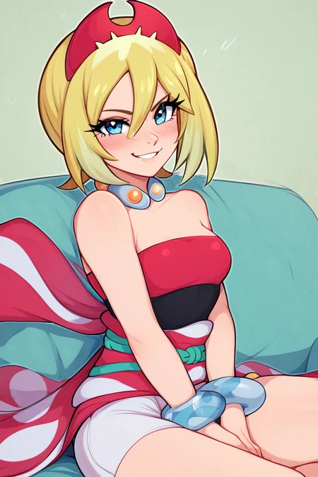 score_9, score_8_up, score_8, medium breasts, (curvy), cute, eyelashes, ,,, zzIrida, blonde hair, blue eyes, short hair, bangs, hair between eyes, red hairband, bracelet, neck ring, red shirt, sash, solo, strapless shirt, white shorts, waist cape, <lora:Irida_Pokemon_PDXL_Citron:0.8>, ,,, hand between legs, blush, smug, ,,, smile, looking at viewer, blush, blurry, couch, sitting, ,,, <lora:Afrobull_PDXL_v5:0.8>, , ,,, BREAK, smile, looking at viewer, cowboy shot, embedding:zPDXL, Expressiveh, <lora:SDXLFaeTastic2400:0.5>, <lora:Expressive_H-000001:0.4>,