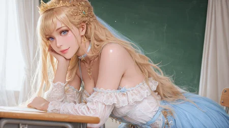 (masterpiece, best quality,realistic,from side:1.3),absurdres,(looking at viewer, collarbone,),(shiny_eyes,sparkling_eyes,smile:1.3),
1girl,solo,blonde hair,blue eyes,very long hair,cshy,jewelry,dress,long sleeves,hair ornament,earrings,necklace,lace,tiara,choker,bow,lace-trimmed dress,bare shoulders,
cleavage,medium breasts,bouncing breasts,classroom,<lora:aidmaImageUpgrader-v0.3-IL:0.6>,<lora:cshy(IL):0.85>,