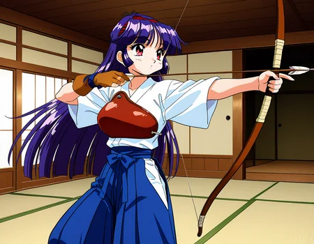 general,highres, ultra-detailed,very aesthetic,best quality ,best hands, BREAK <lora:Shiraishi_Yumiko_IS:1>ShiraishiYumiko, long hair, red eyes, red hairband, purple hair, large breasts, blunt bangs,
1girl, bow (weapon), weapon, holding bow (weapon), solo, gloves, 1990s (style), holding weapon, retro artstyle, holding, arrow (projectile), japanese clothes, kyuudou, archery, drawing bow, holding arrow, yugake, hakama, muneate, hakama skirt, partially fingerless gloves, single glove, fingerless gloves, skirt, blue hair,
Japanese room, tatami,