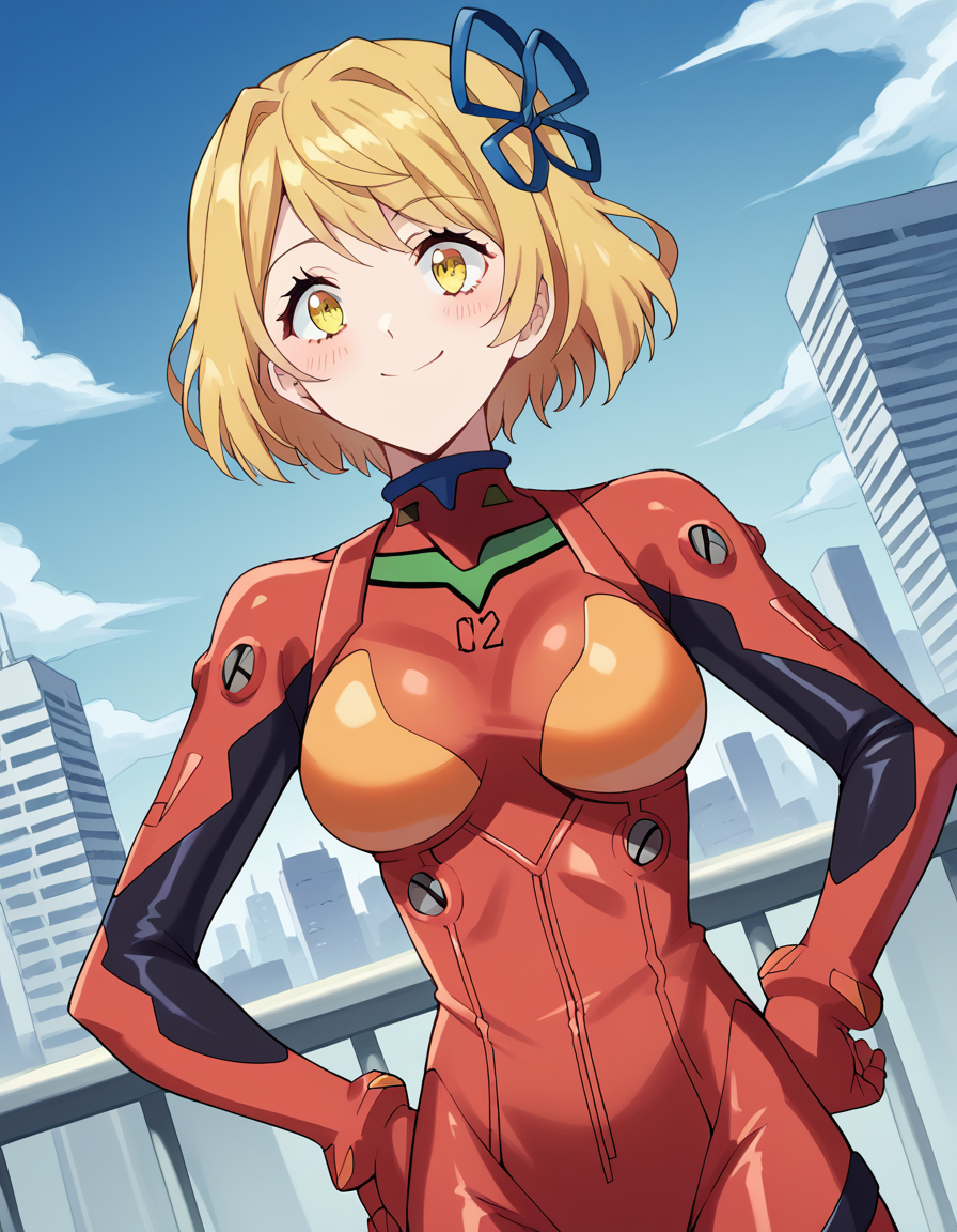 score_9, score_8_up, score_7_up, source_anime, <lora:farming-isekai-tia-s1-ponyxl-lora-nochekaiser:1>, tia, short hair, blonde hair, ribbon, hair ribbon, yellow eyes, large breasts,, <lora:souryuu-asuka-langley-cosplay-ponyxl-lora-nochekaiser:1>, souryuuasukalangleycosplay, souryuu asuka langley (cosplay), bodysuit, pilot suit, plugsuit, red bodysuit, interface headset,, cityscape, smile, blush, hands on hips,, , cowboy shot, dutch angle