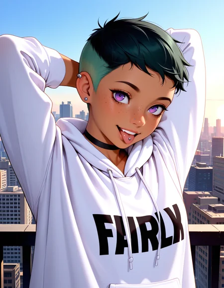 masterpiece, best quality, very aesthetic, absurdres,
outdoors, cityscape,
hoodie,
headshot, head tilt, happy, tongue out, tongue piercing, arms behind head,
<lora:Riley_Fairfeather_v01_NAIXL:1>
R1l3y_Fairf3ath3r, 1girl, solo, very short hair, multicolored hair, black hair, green hair, undercut, ear piercing, purple eyes, nose piercing, freckles, black choker, dark skin,