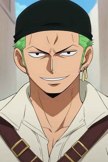 score_9, score_8_up, score_7_up, source_anime, , anime screencap, anime coloring, , looking at viewer, upper body, , 1boy, solo, male focus, <lora:zoro_roronoa_pony:0.82>, zoro_roronoa, green hair, black eyes, short hair, bandana, earrings, , , , smile, zombie hunter costume, , , <lora:sdxl_lightning_8step_lora:1>
