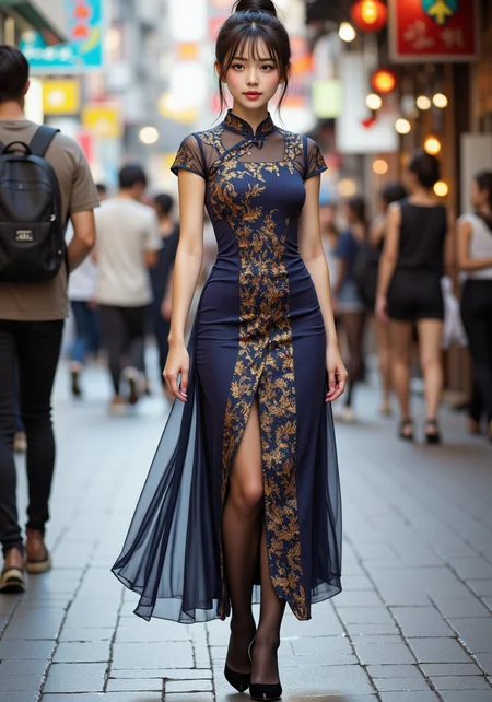 raw photo, stunningly beautiful 19 yr old asian girl supermodel, alternate color qipao dress, full body portrait, hair pinned up in bun, production cinematic character render, ultra high quality model, clean detailed faces, intricate clothing, analogous colors, glowing shadows, depth of field, high quality, high detail, high definition, Luminous Studio graphics engine, cute face, high heels, black stockings, walking downtown hong kong, <lora:midjourney_whisper_innocent_eyes_v01:0.5> <lora:TEST_1:0.5>