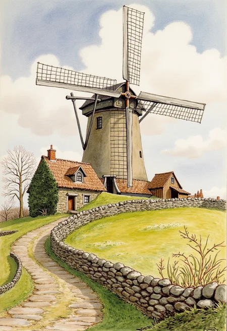 By artist Beatrix Potter, a windmill on a hill